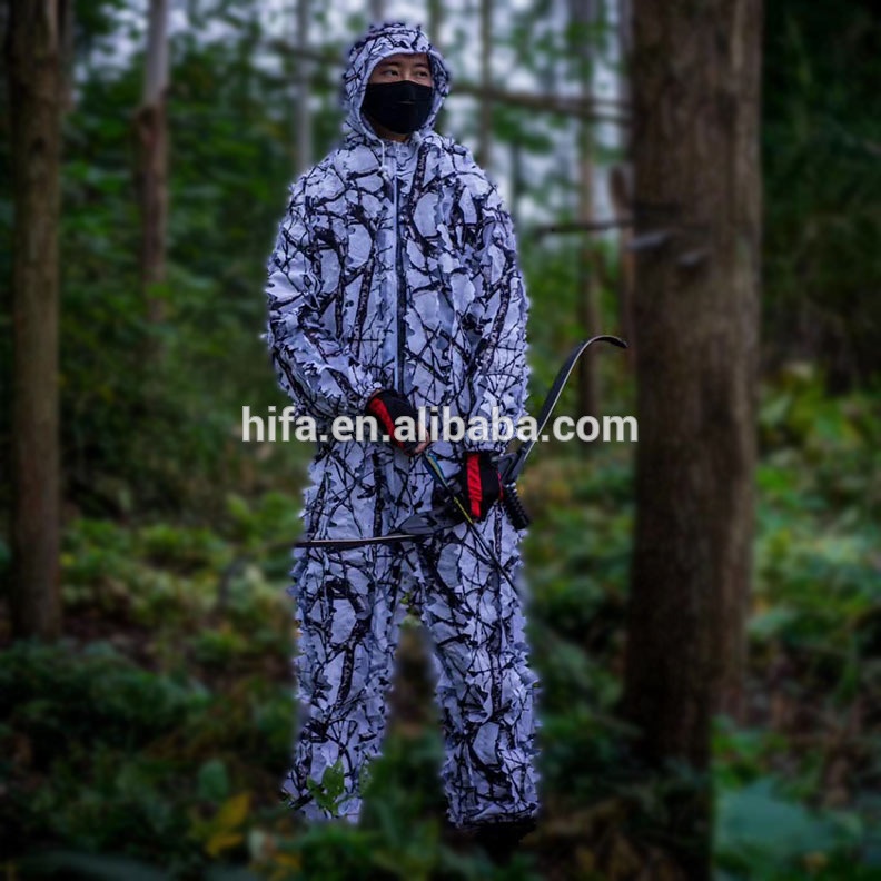 Costume Ghillie couleur champ de neige avec feuille 3D, vêtements de chasse Bionic White Camo